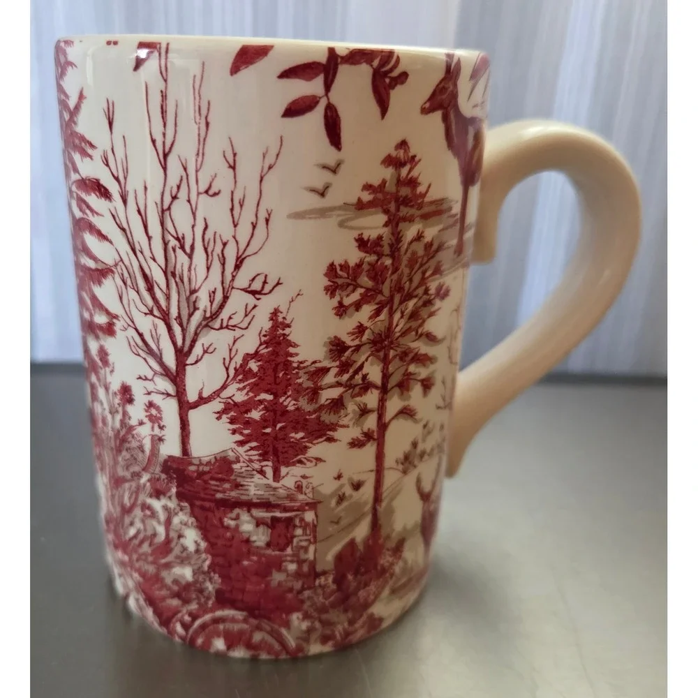 Pottery Barn Deer Woodland Scene Coffee Mug Stag Cabin Nature Lodge Decor Rare